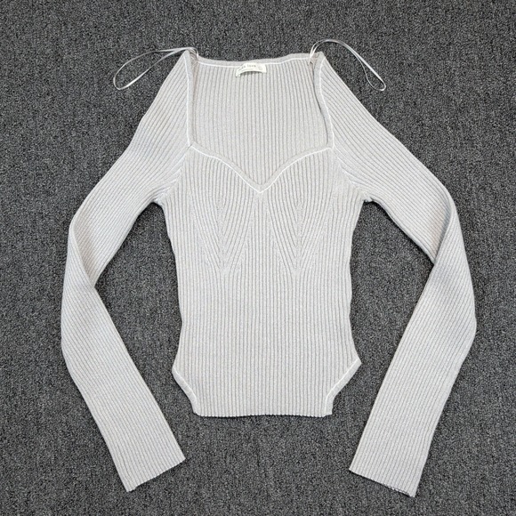 Miss Love Y2K Metallic Sweetheart Neck Ribbed Knit Top Large Silver Shimmer Glam — photo 2
